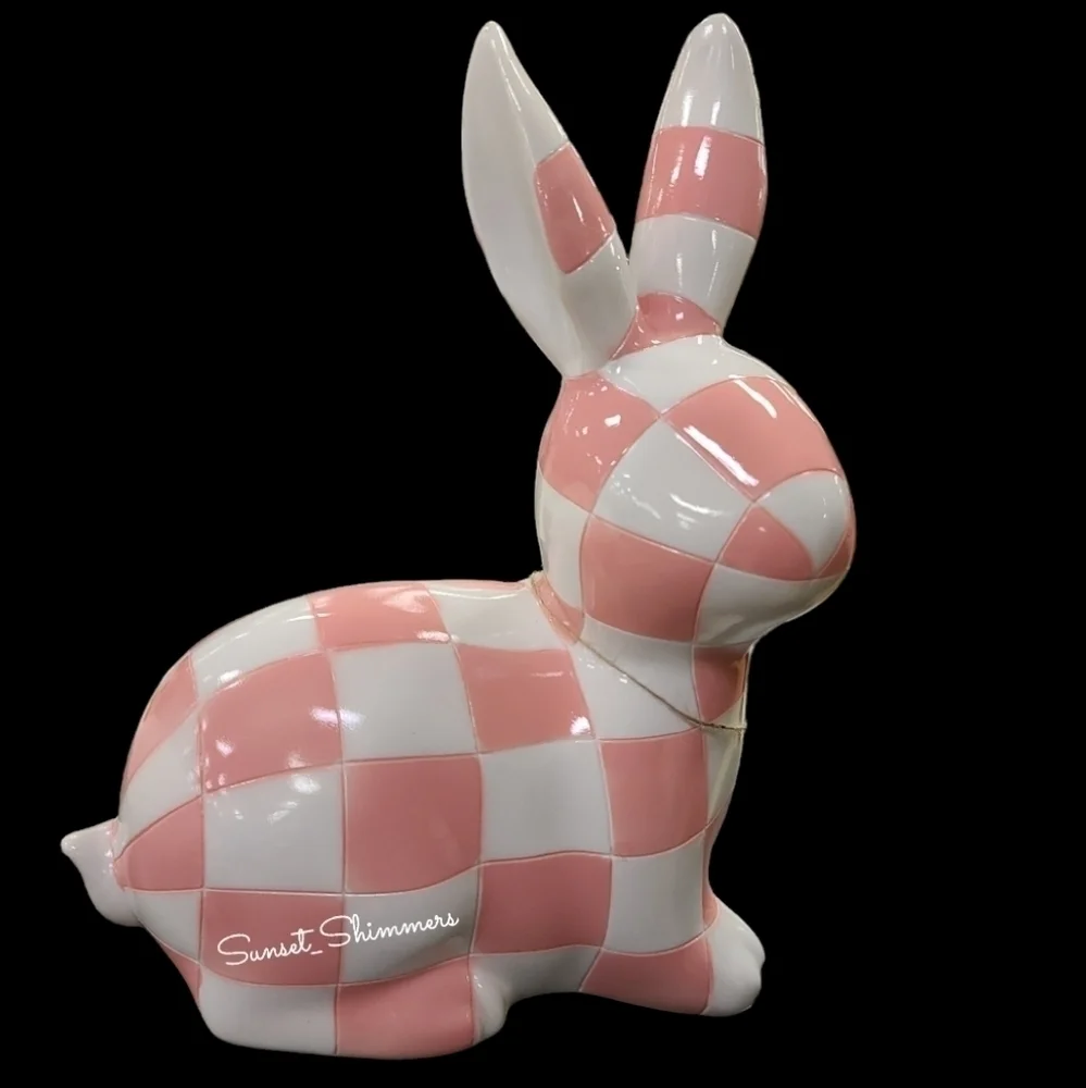 2pc Pink White MacKenzie Style Courtly Check Easter Bunny Rabbit & Egg Decor Set
